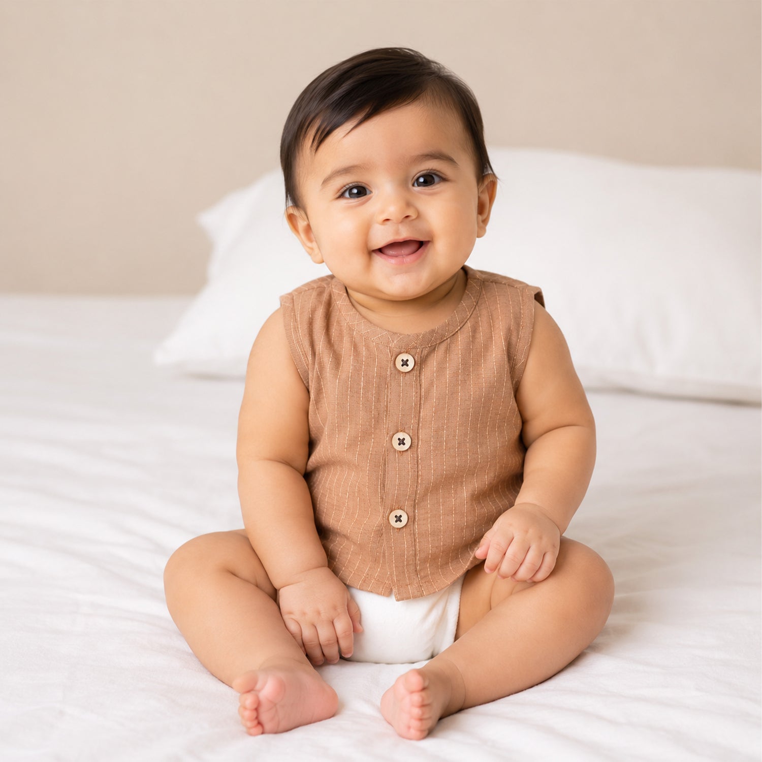 Boon Babies Baby Cotton Sleeveless Jabla– Beige Striped Top