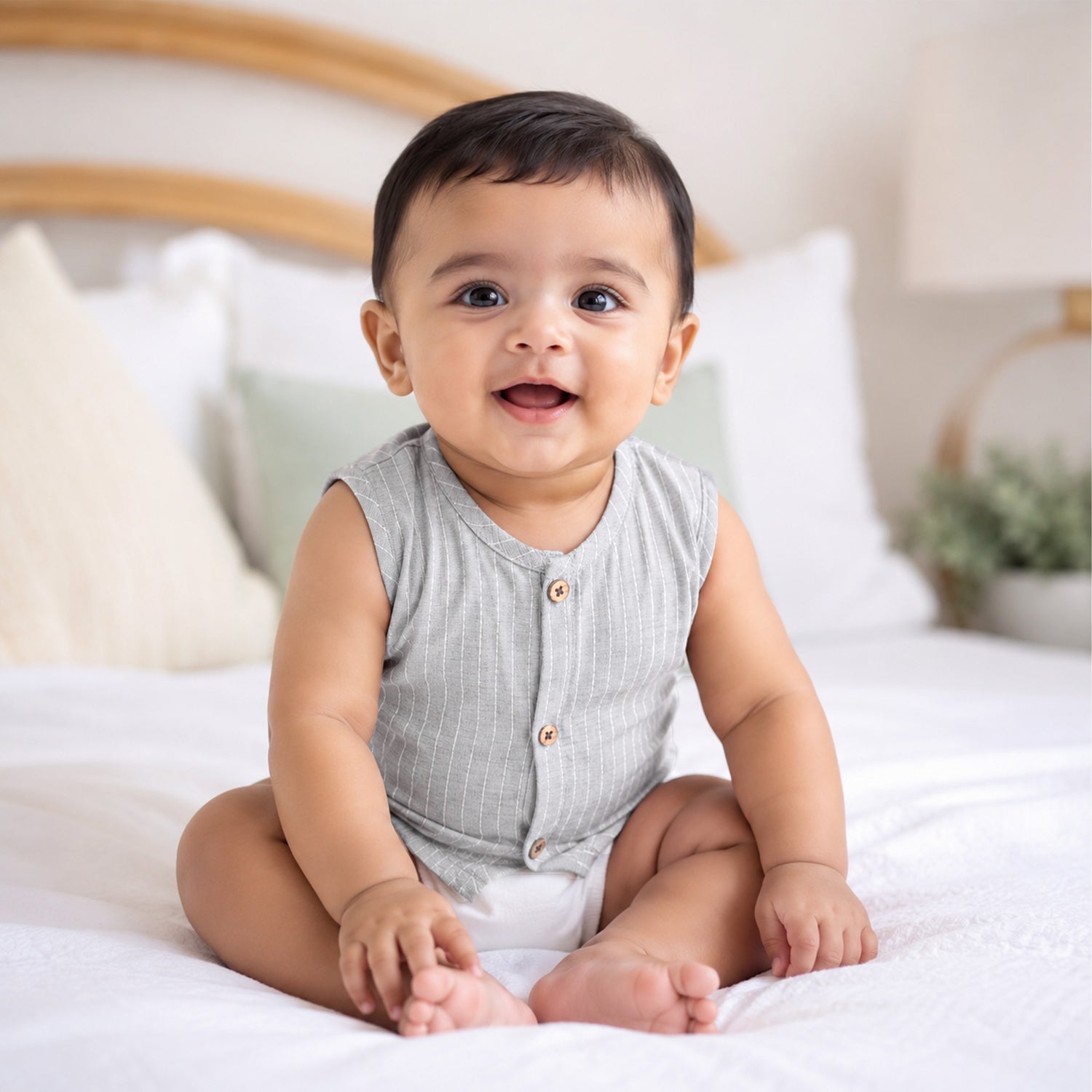 Boon Babies Baby Cotton Sleeveless Jabla– Light Grey Striped Top