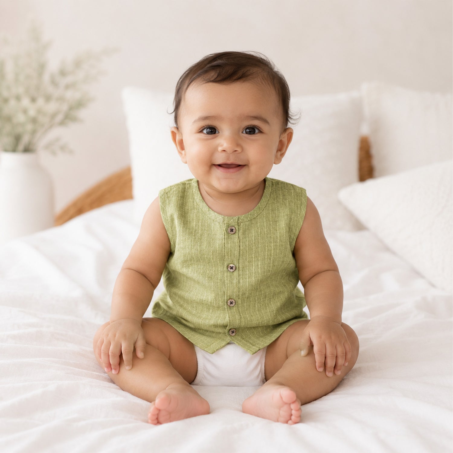 Boon Babies Baby Cotton Sleeveless Jabla– Olive Green Striped Top