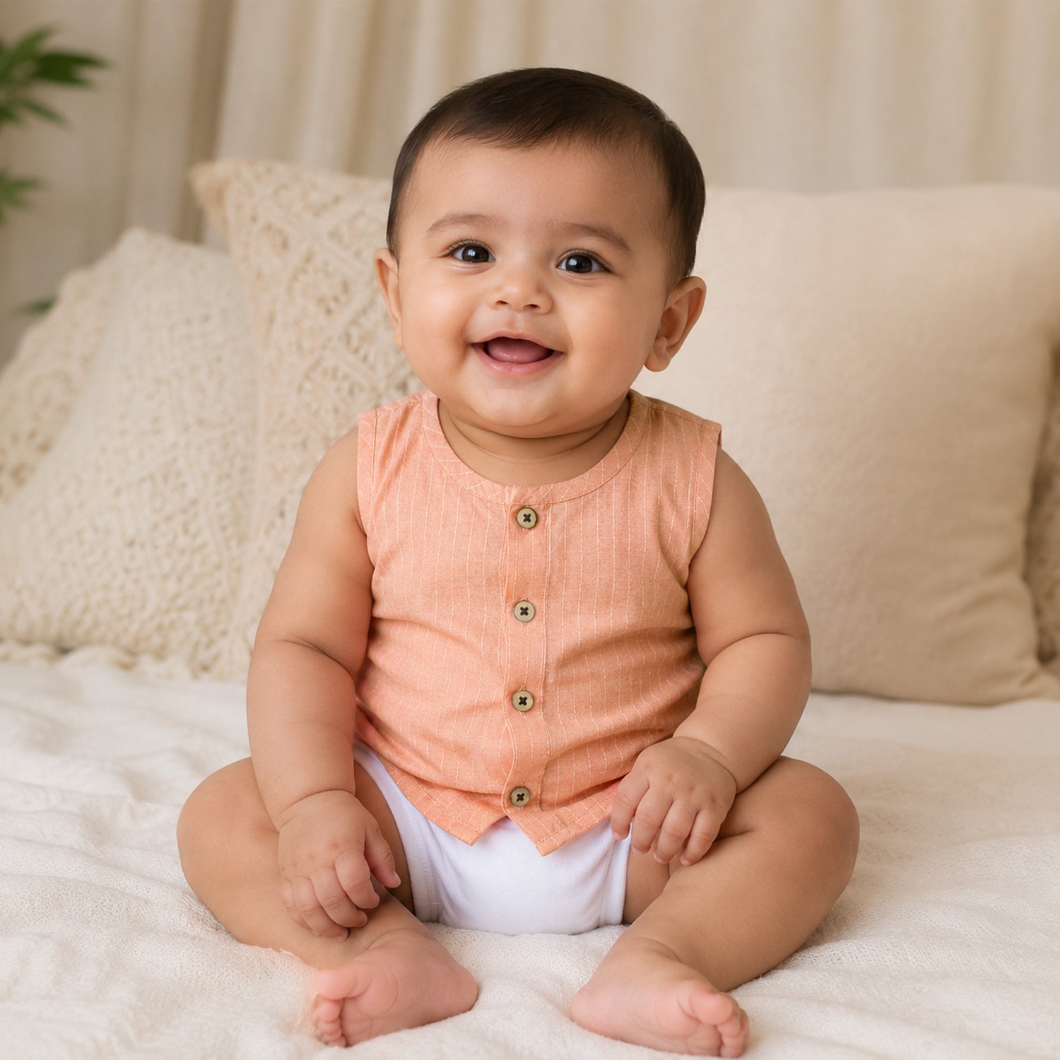 Boon Babies Baby Cotton Sleeveless Jabla– Peach Striped Top