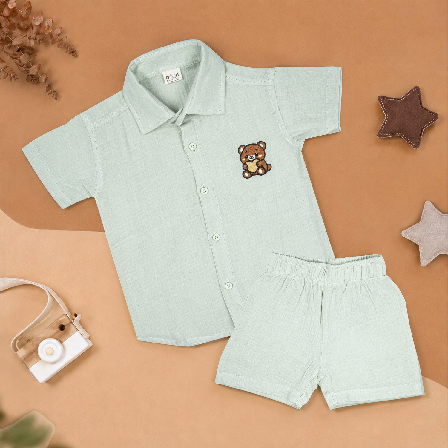 Mint Green Muslin Boys Shirt & Shorts Co-ord Set (6M–5Y)