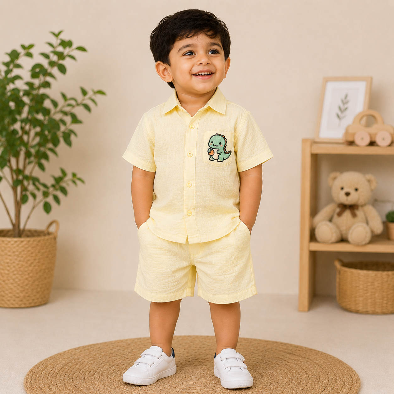 Pastel Yellow Muslin Boys Shirt & Shorts Co-ord Set (6M–5Y)