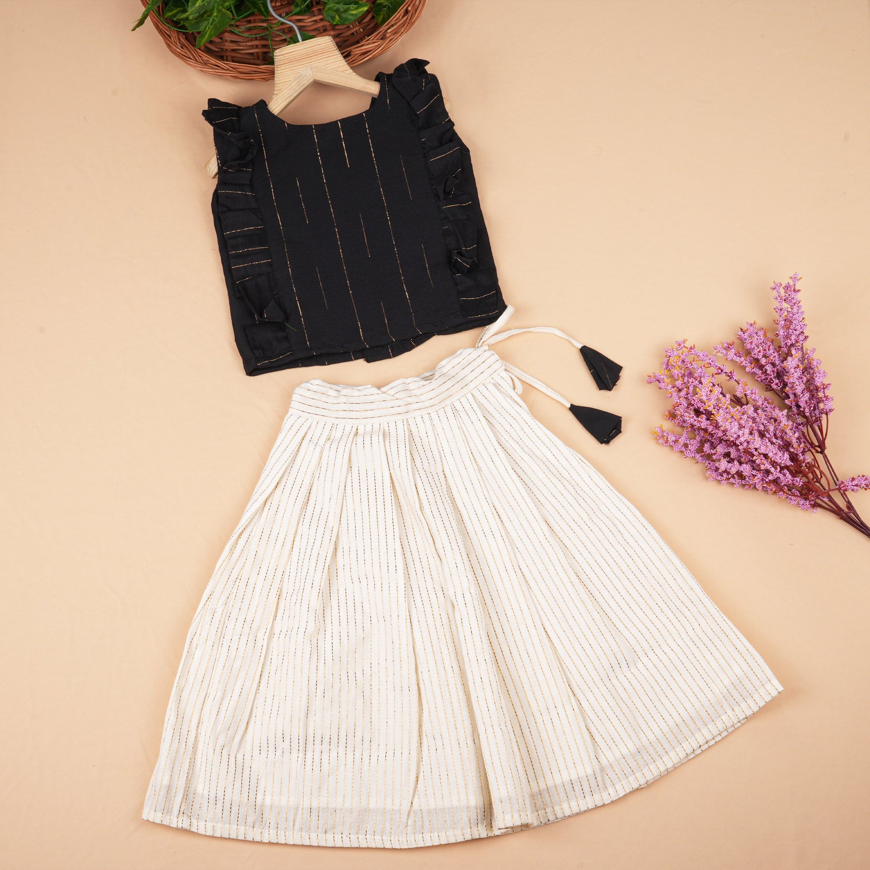 Soft silk ethnic top and skirt set with traditional stripe design, perfect for festive and outdoor wear.