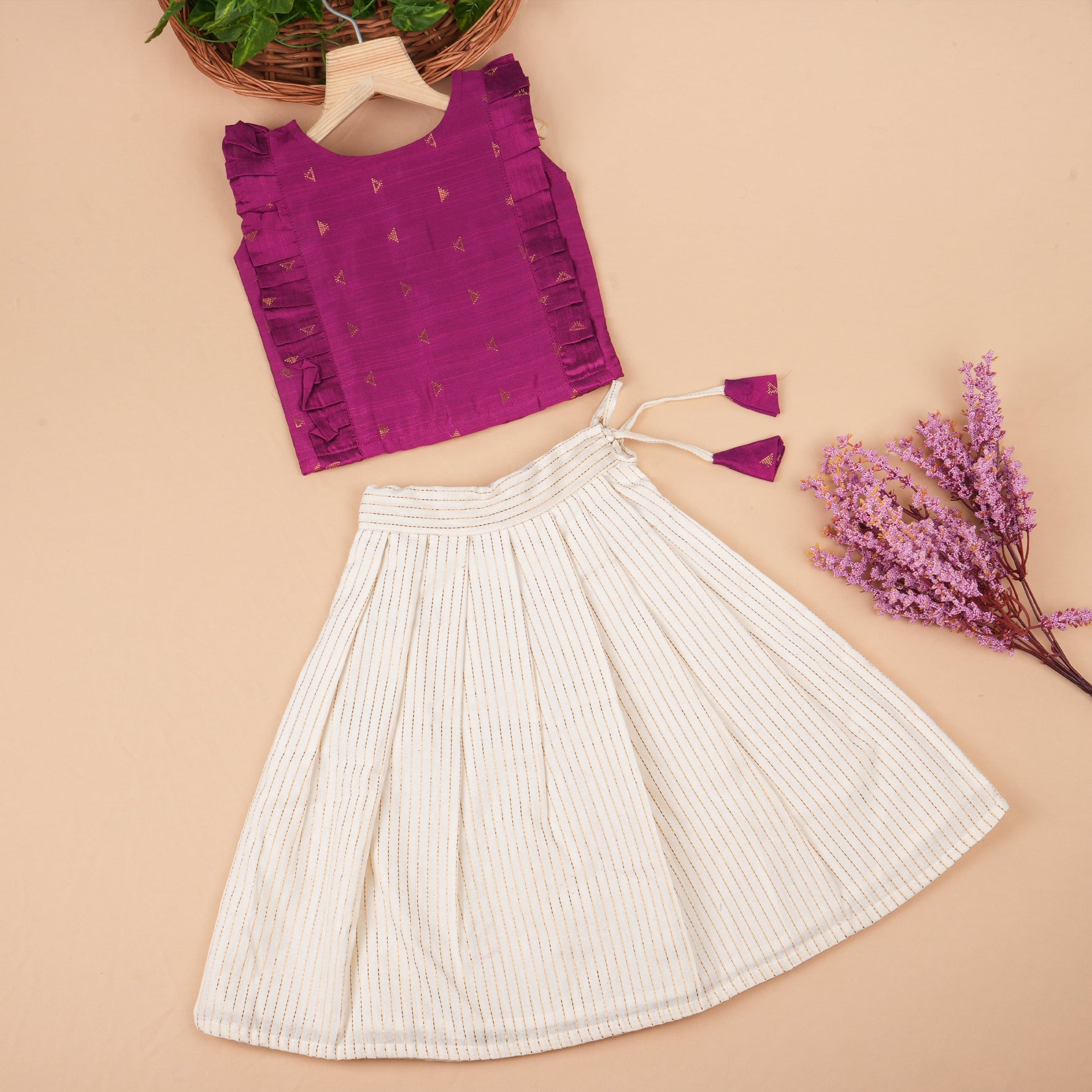 Classic silk top and skirt set for girls featuring a traditional design, soft fabric, and comfortable flared fit—perfect for ethnic and outdoor wear.