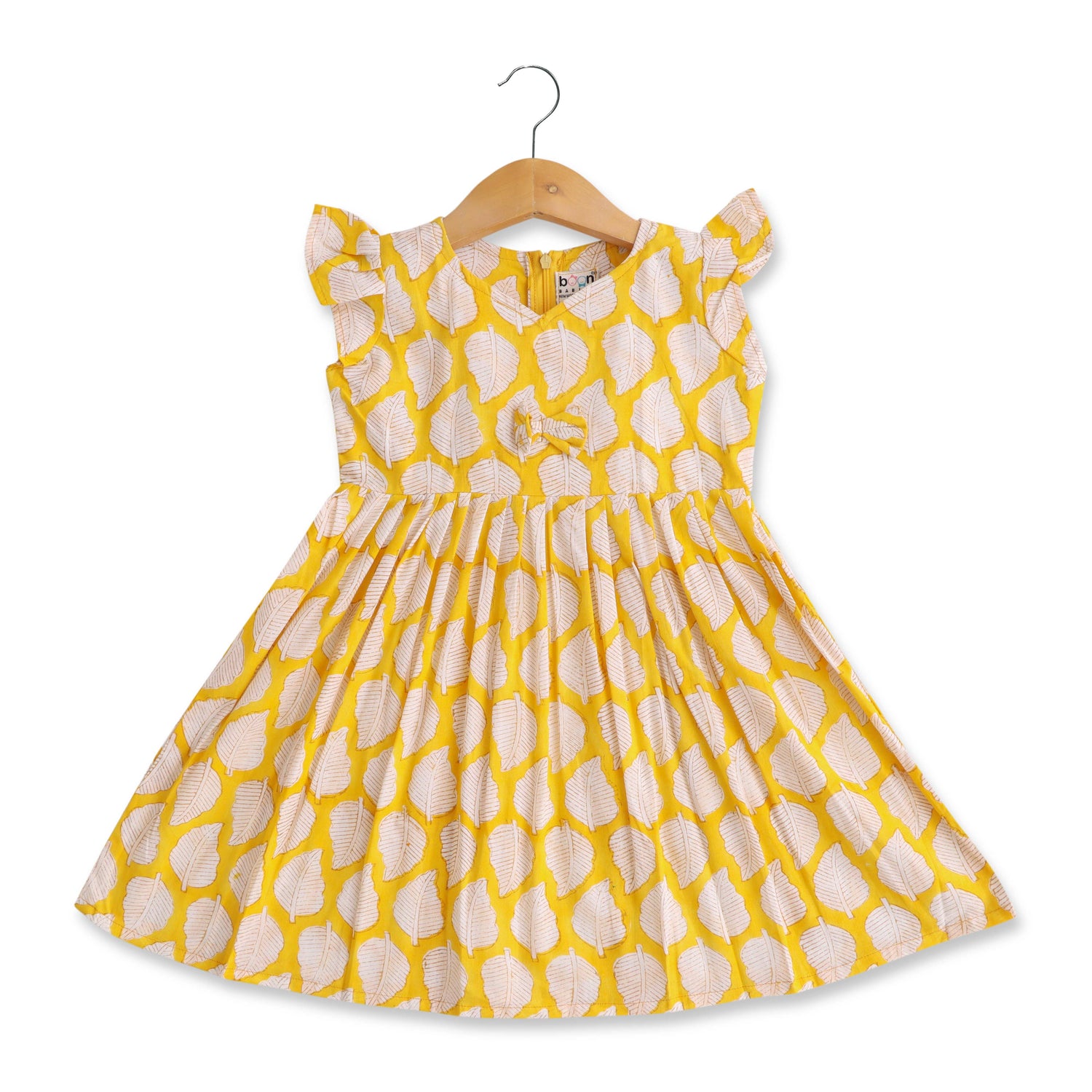 Boon Babies Golden Leaf Gala Charming Yellow Cotton Frock Nature-Inspired Prints