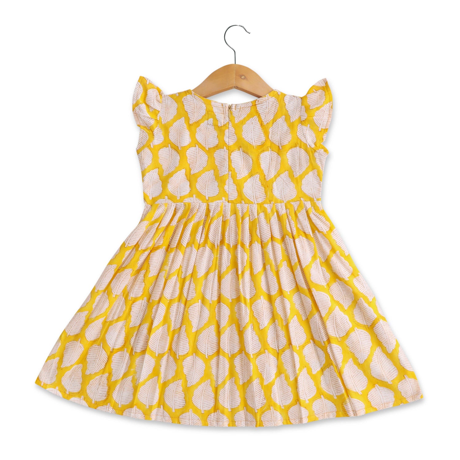 Golden Leaf Gala: Charming Yellow Cotton Frock with Nature-Inspired Prints