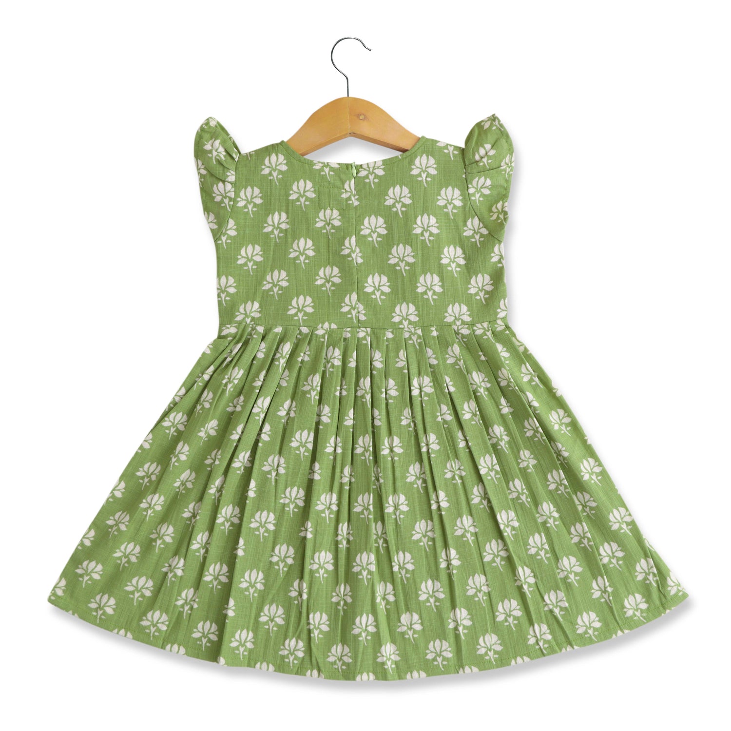 Pistachio Petals: Light Green Cotton Frock with Floral Patterns For Little Girls