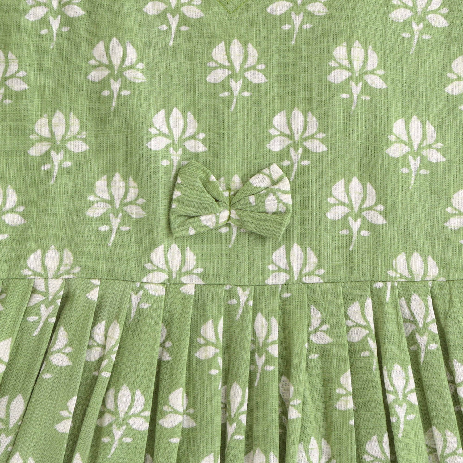 Pistachio Petals: Light Green Cotton Frock with Floral Patterns For Little Girls