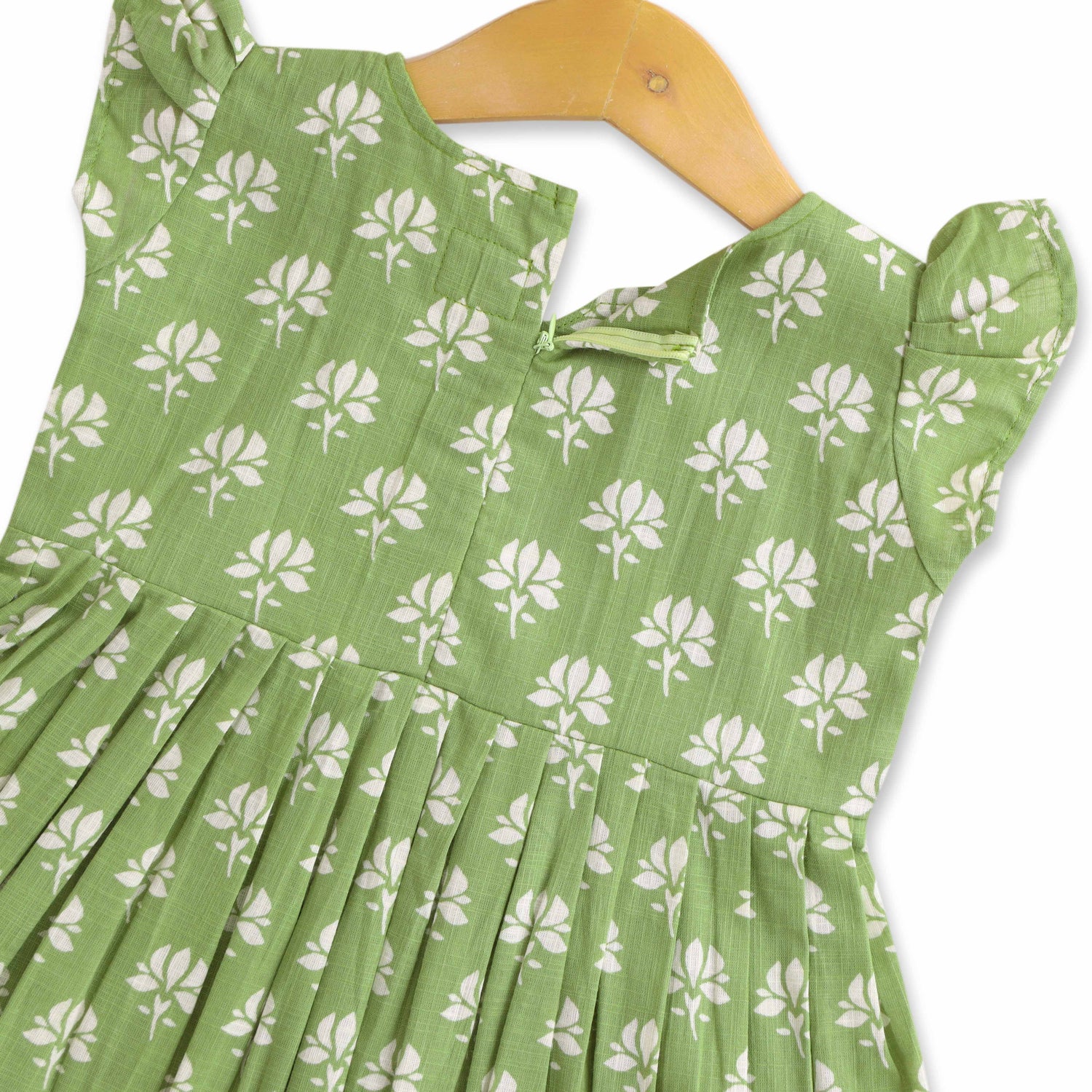 Pistachio Petals: Light Green Cotton Frock with Floral Patterns For Little Girls