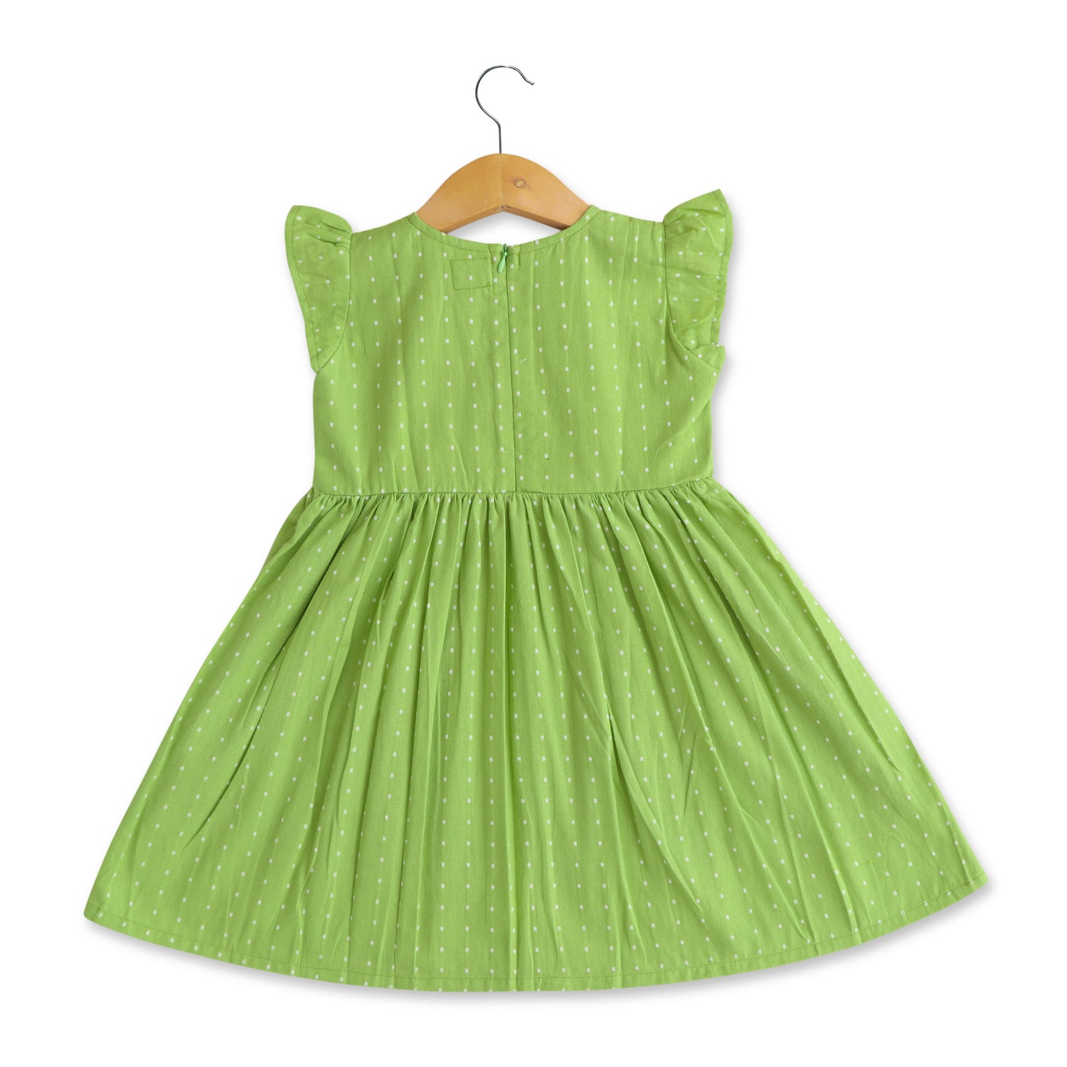 Olive Orbit: Unique Green Polka Dot Cotton Frock for Baby Girls