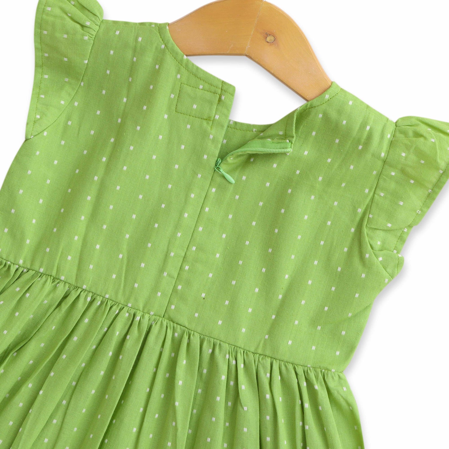 Olive Orbit: Unique Green Polka Dot Cotton Frock for Baby Girls