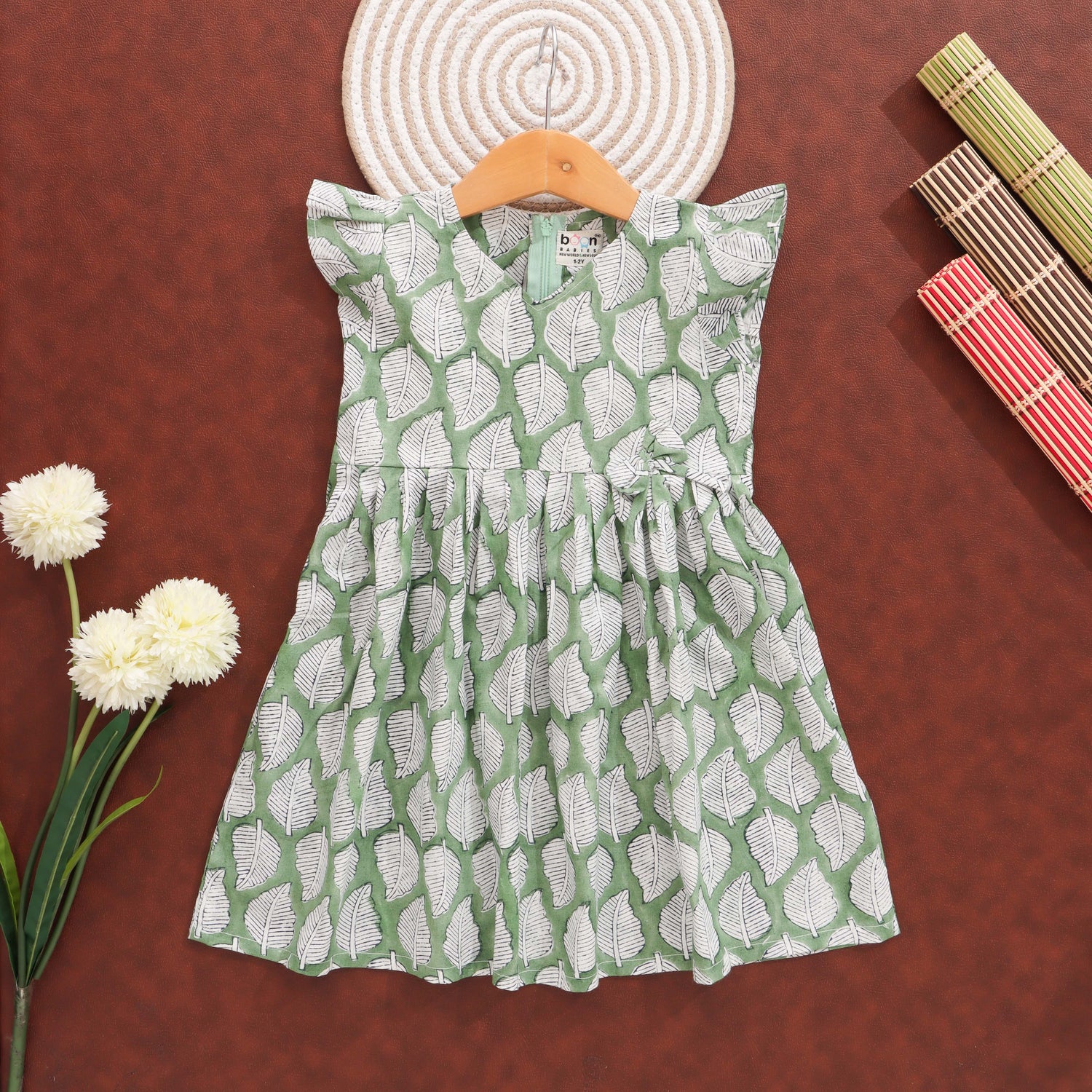 Leafy Lullaby: Dreamy Green Print Frock for Girls