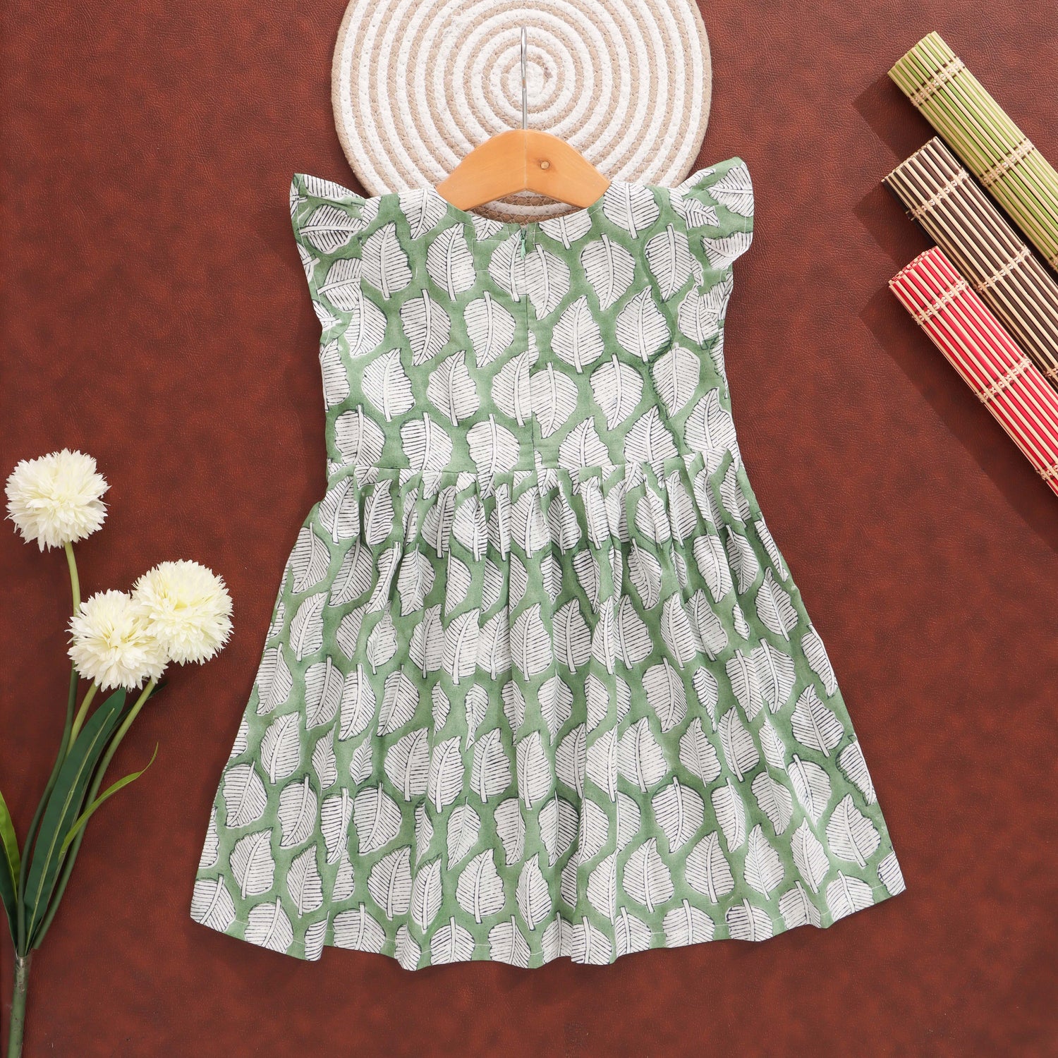 Leafy Lullaby: Dreamy Green Print Frock for Girls