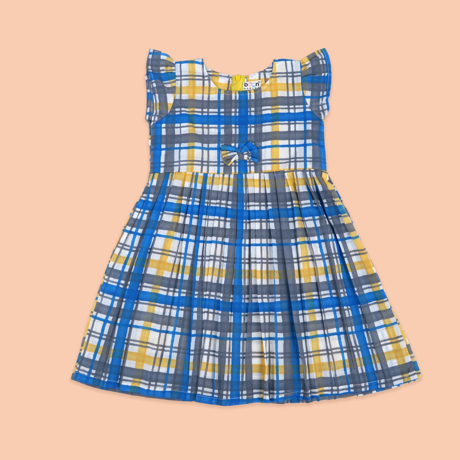 Blue Plaid Charm: Girls Cotton Frock with Yellow Highlights