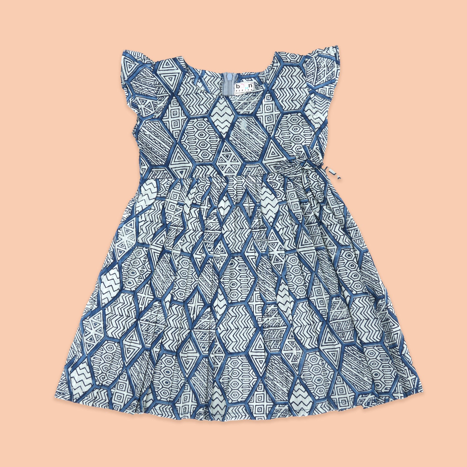 Tribal Geometry: Blue Ethnic Print Frock for Girls