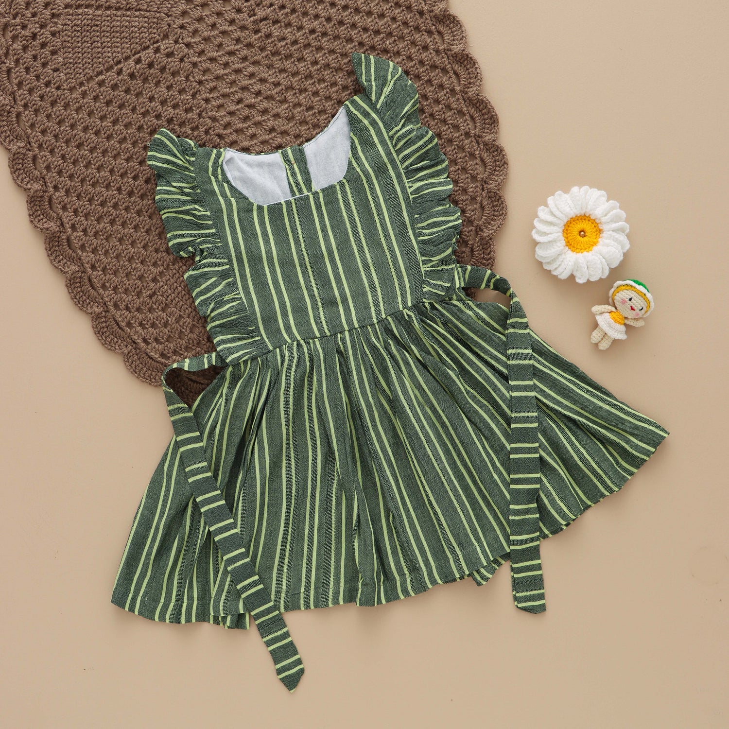 Olive Dreams: Green Striped Frock for Girls