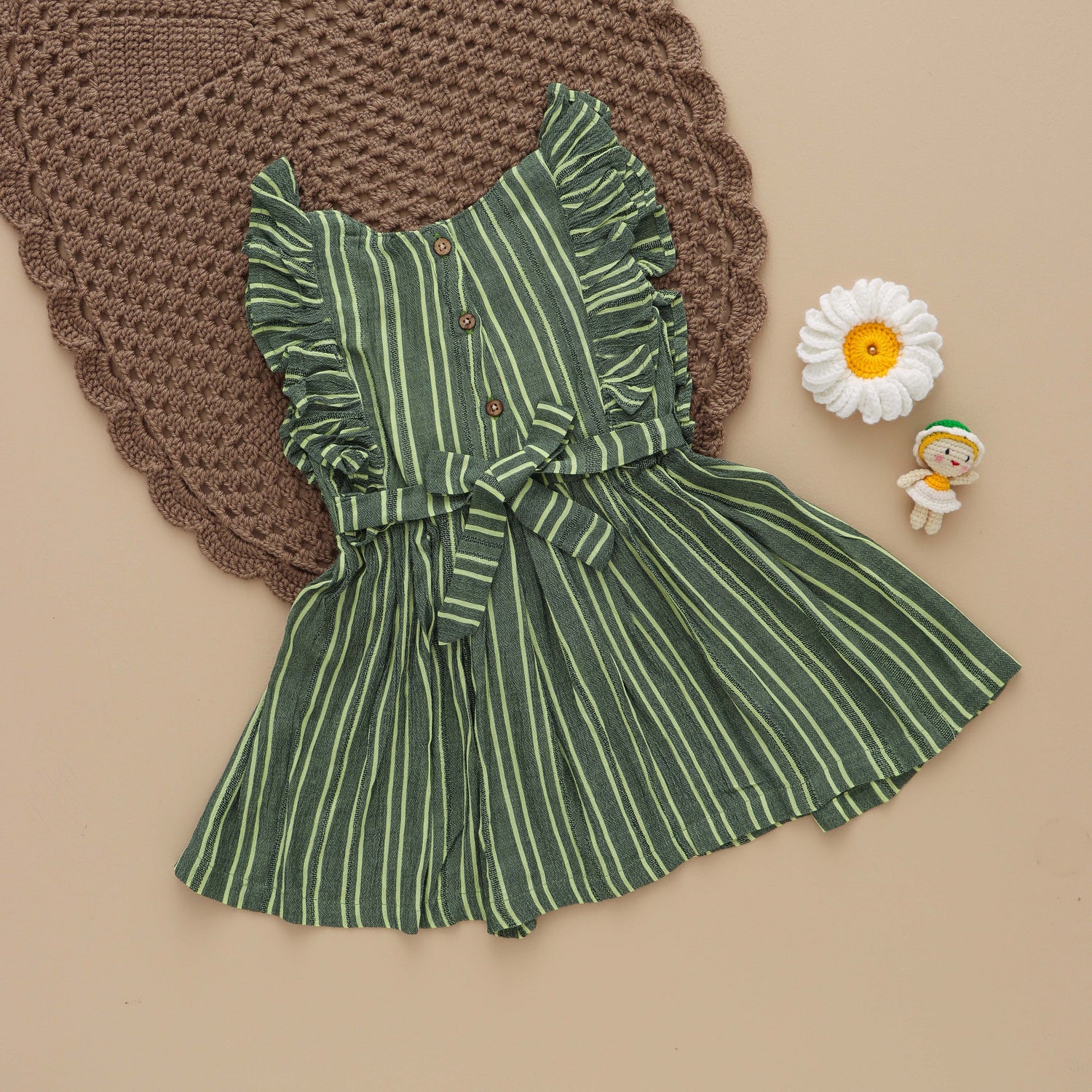 Olive Dreams: Green Striped Frock for Girls