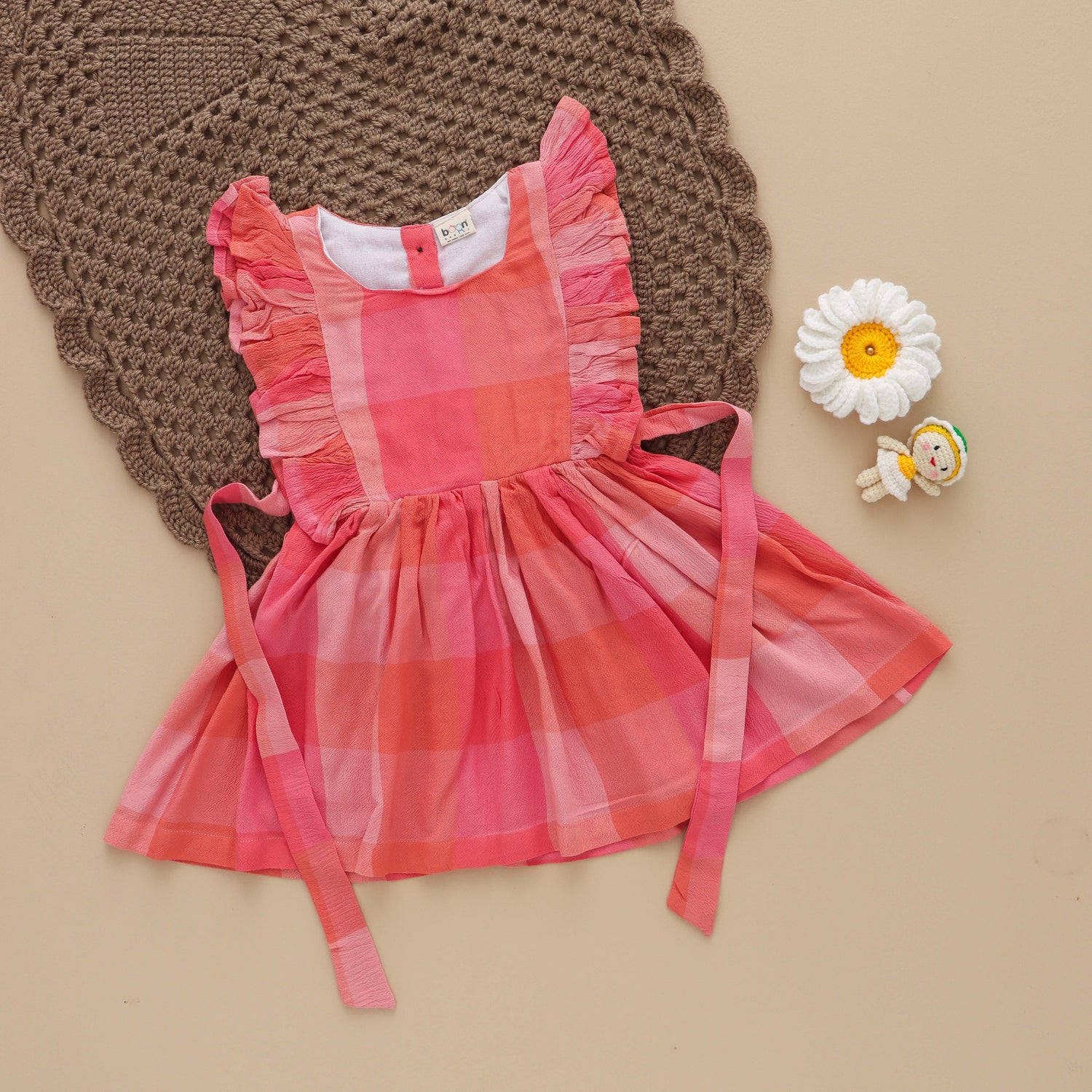 Rosy Delight: Pink Plaid Ruffled Frock for Girls