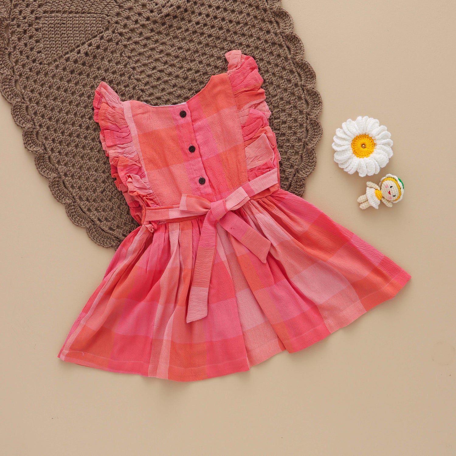 Rosy Delight: Pink Plaid Ruffled Frock for Girls