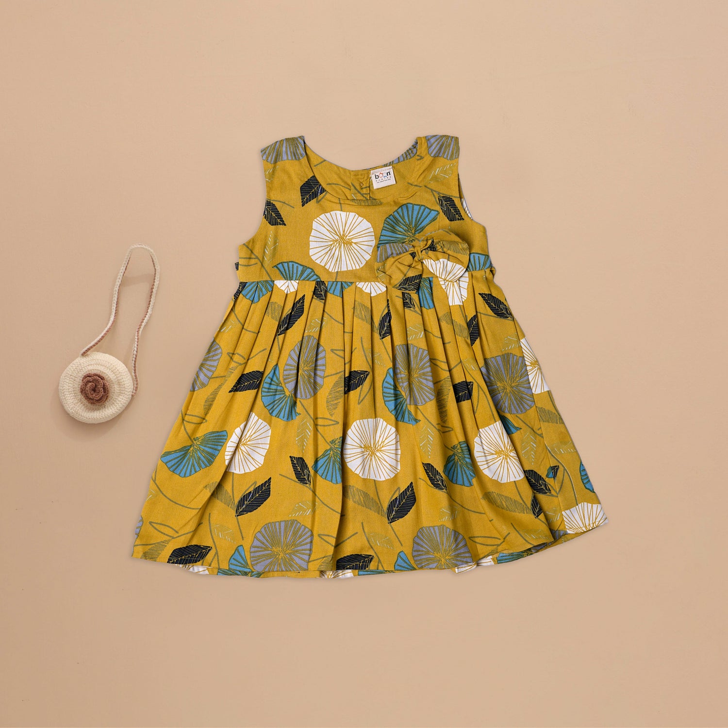 Girls Sleeveless Mustard Floral Frock