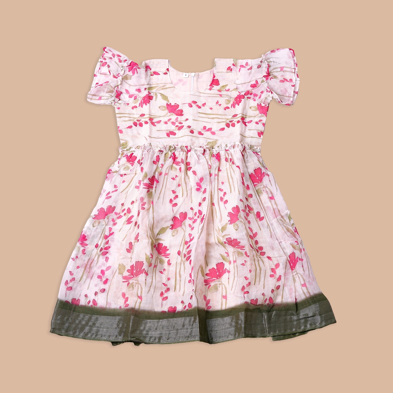 Charming Girls' Beige Floral Frock with Green Border