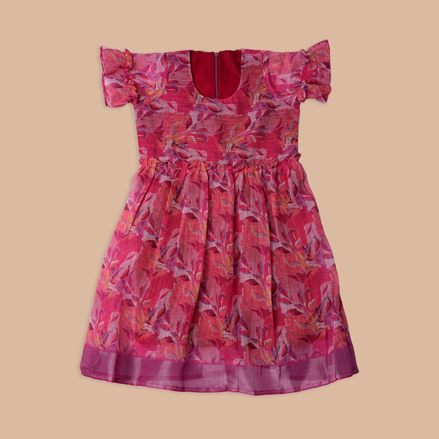 Vibrant Pink Floral Frock for Girls with Ruffled Sleeves