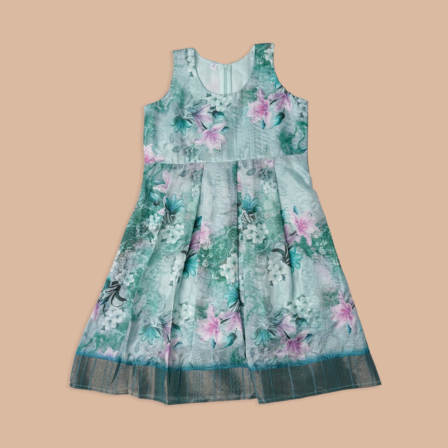 Adorable Sea Green Floral Sleeveless Frock for Girls