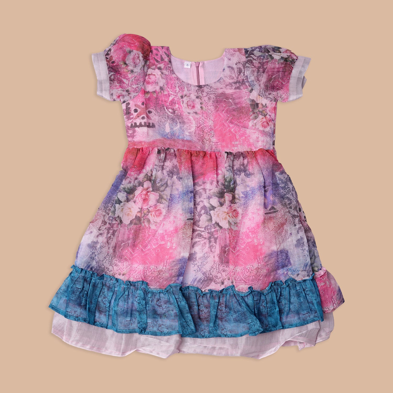 Girls Multicolor Puff Sleeve Party Frock