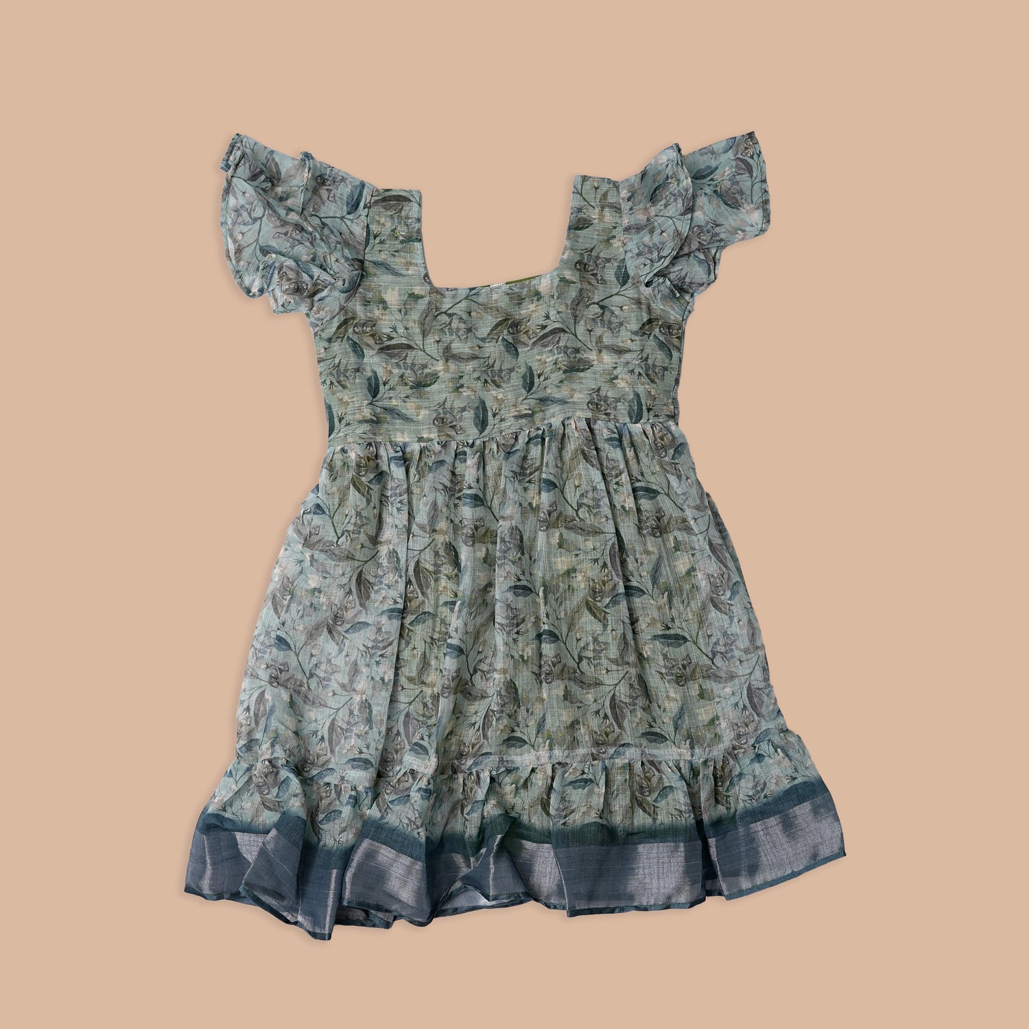 Elegant Green Floral Ruffle Frock for Girls