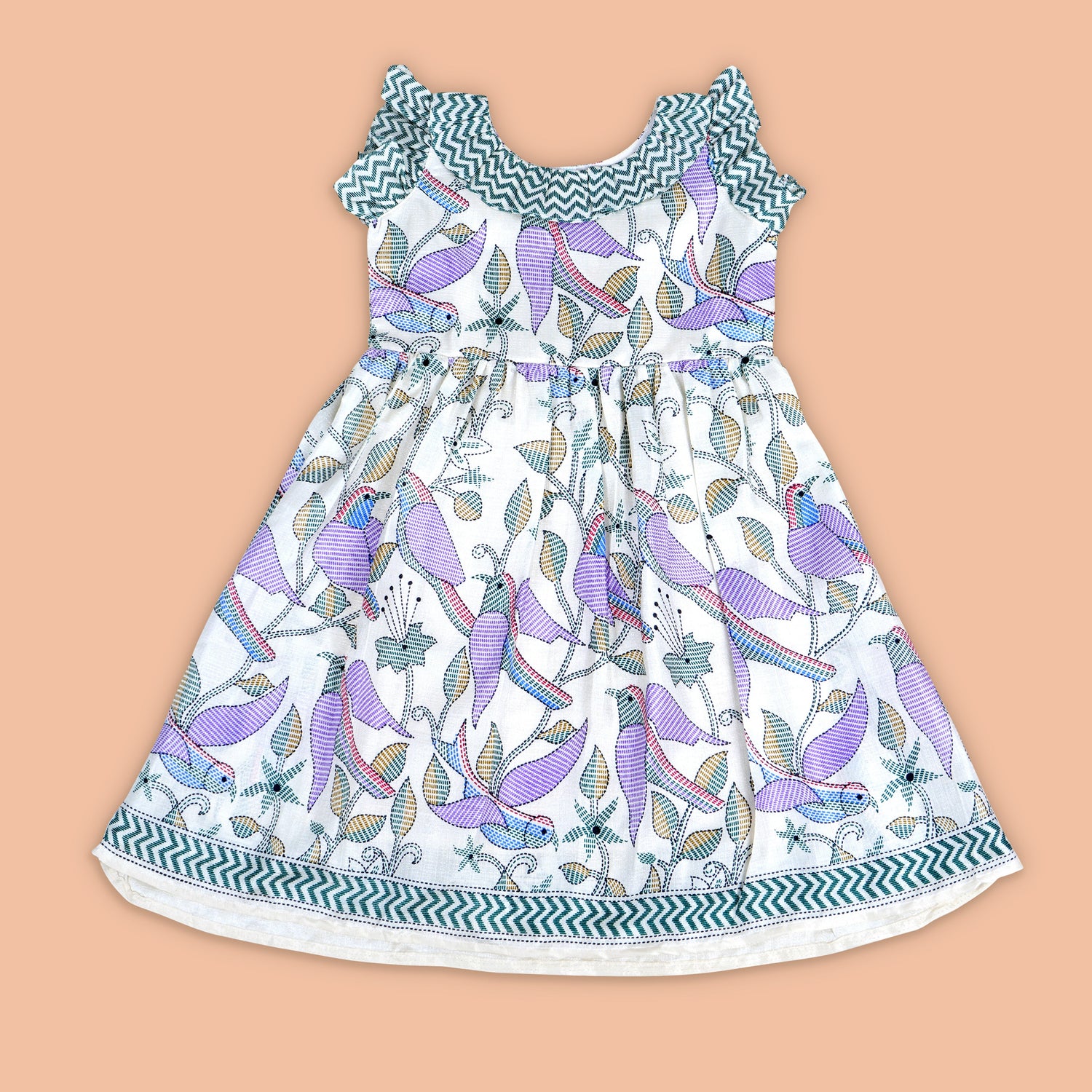 Purple Bird Patterned Cotton Frock for a Playful Look