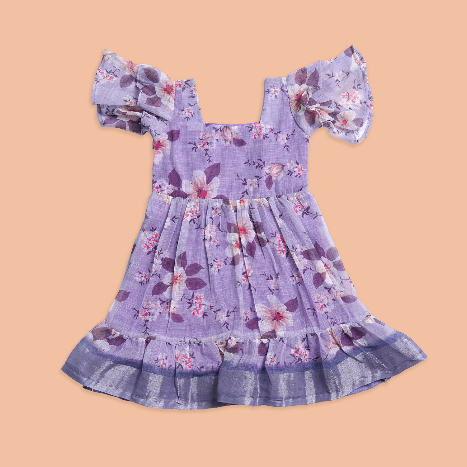 Lavender Blossom Girls Frock with Ruffled Sleeves