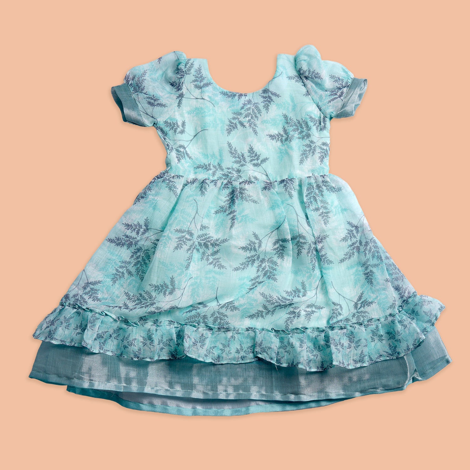 Aqua Fern Charm Frock for Girls – Delicate Botanical Elegance