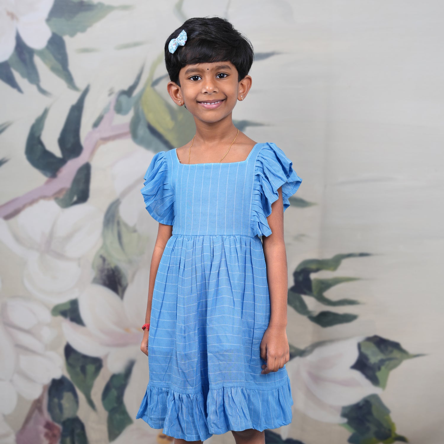 Blue Pinstripe Cotton Frock with Flowy Ruffles