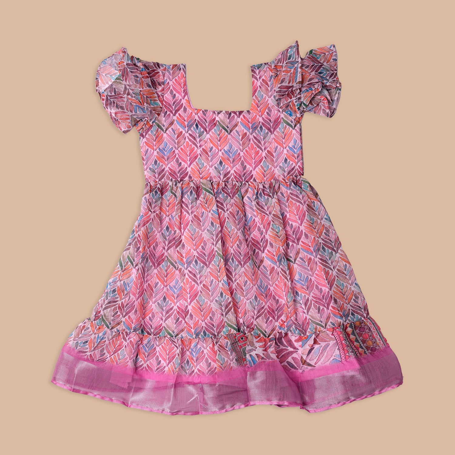 Vibrant Pink Multicolor Leaf Print Frock for Girls