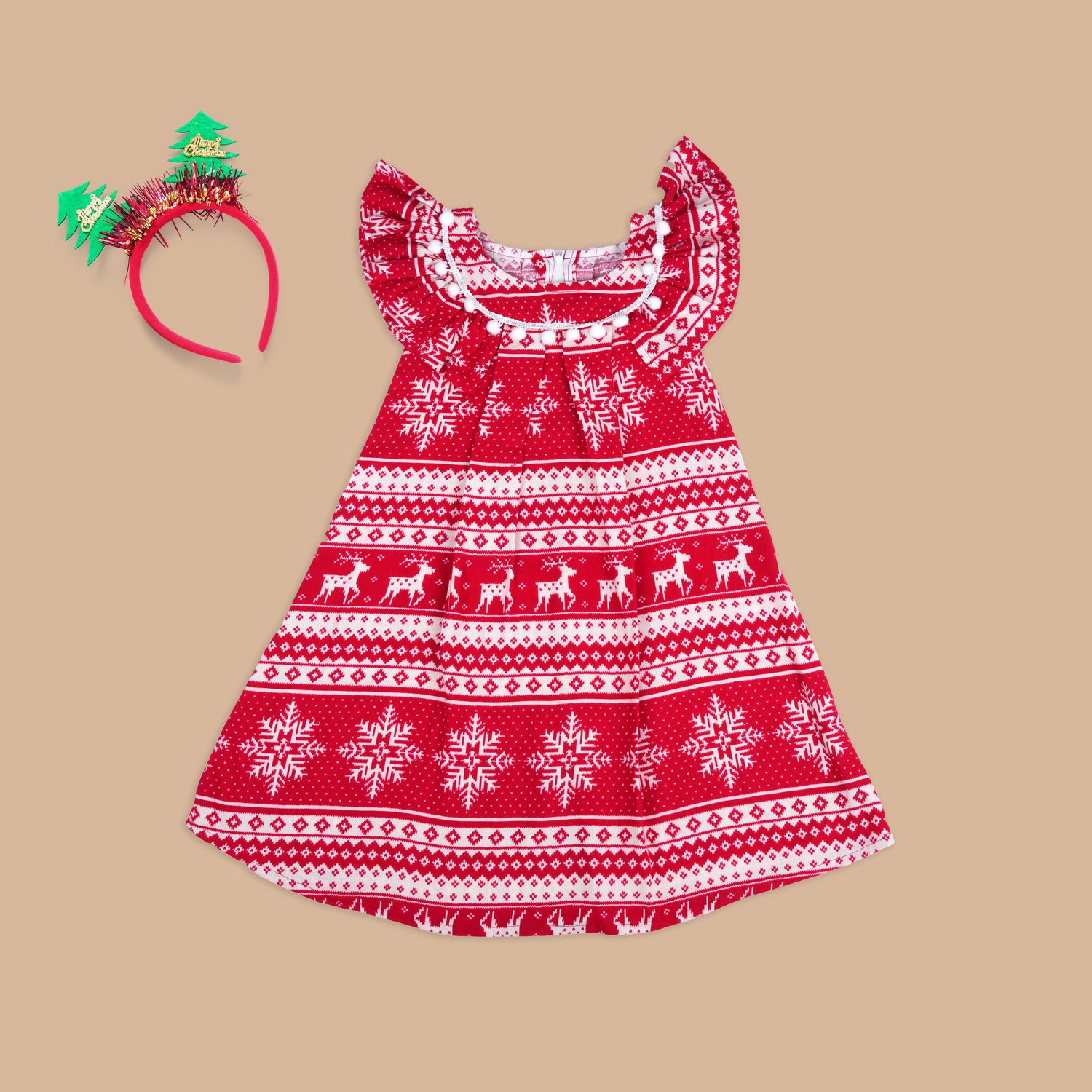 Adorable Christmas Red Frock with Snowflake & Reindeer Design