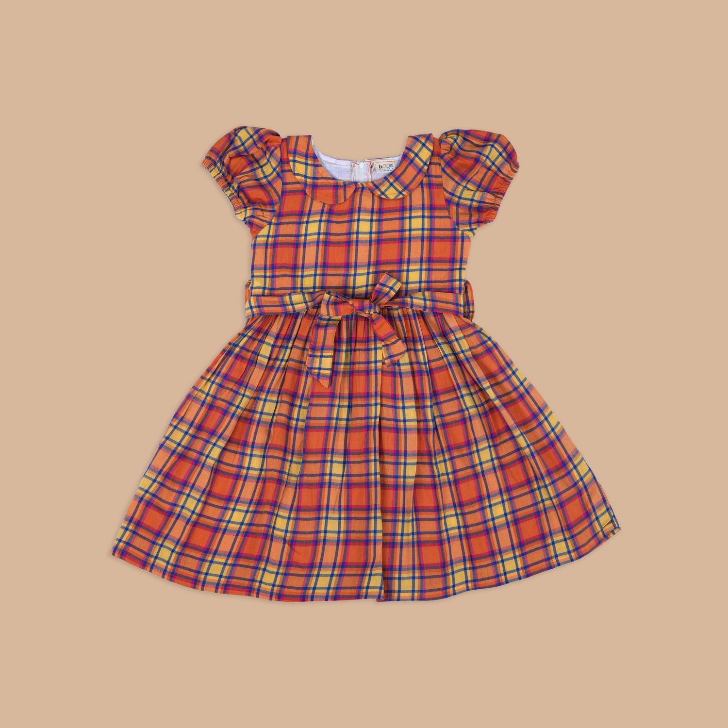 Cheerful Plaid Dress with Puff Sleeves and Adjustable Waist Bow