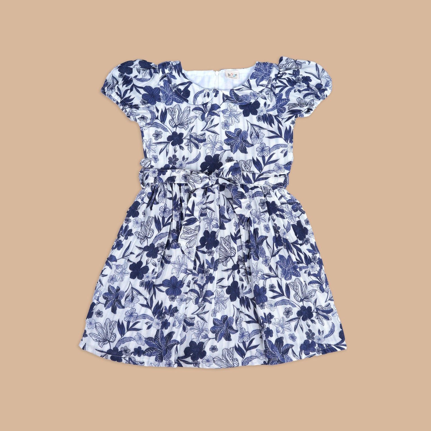 Charming Navy Floral Print Frock with Peter Pan Collar