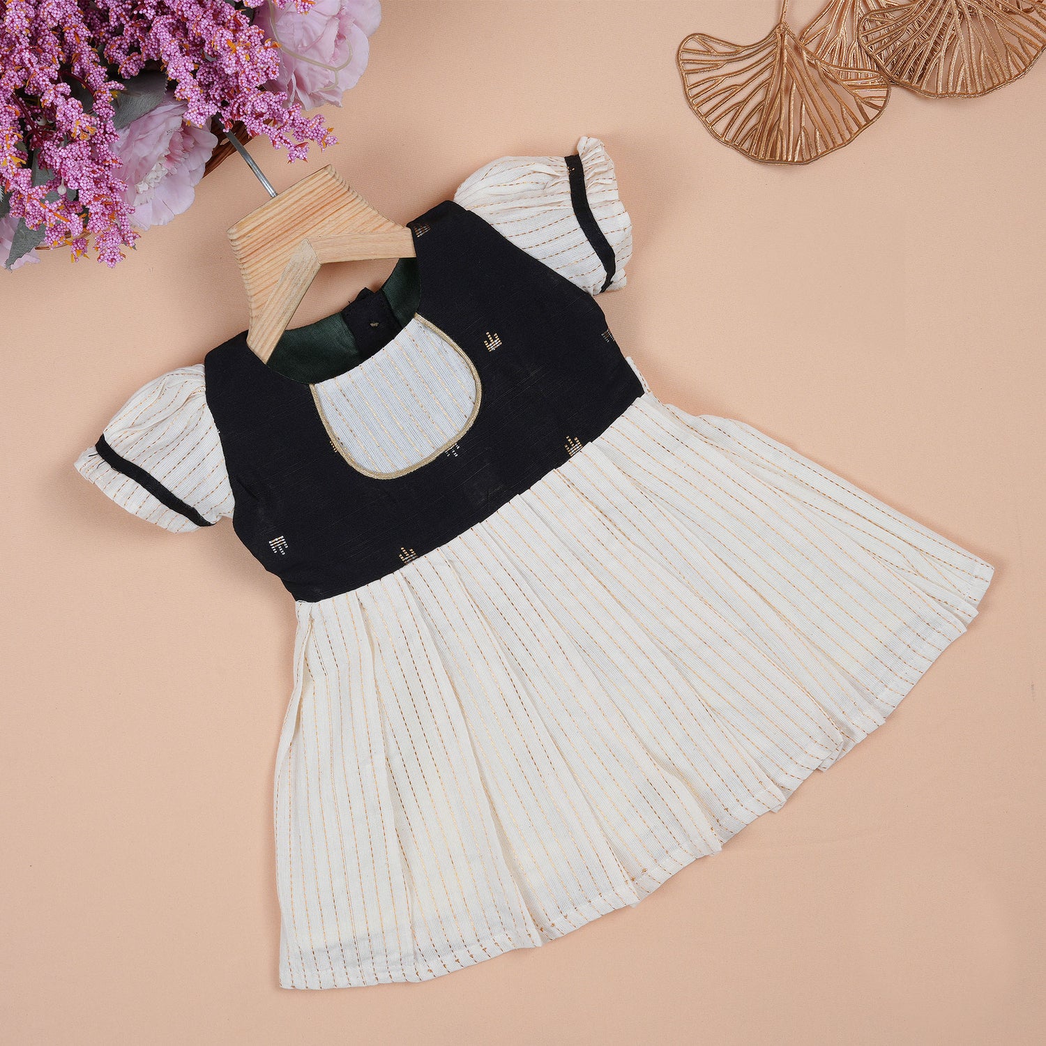Black & Cream Silk Puff Paa Neck Frock with Golden Zari Stripes