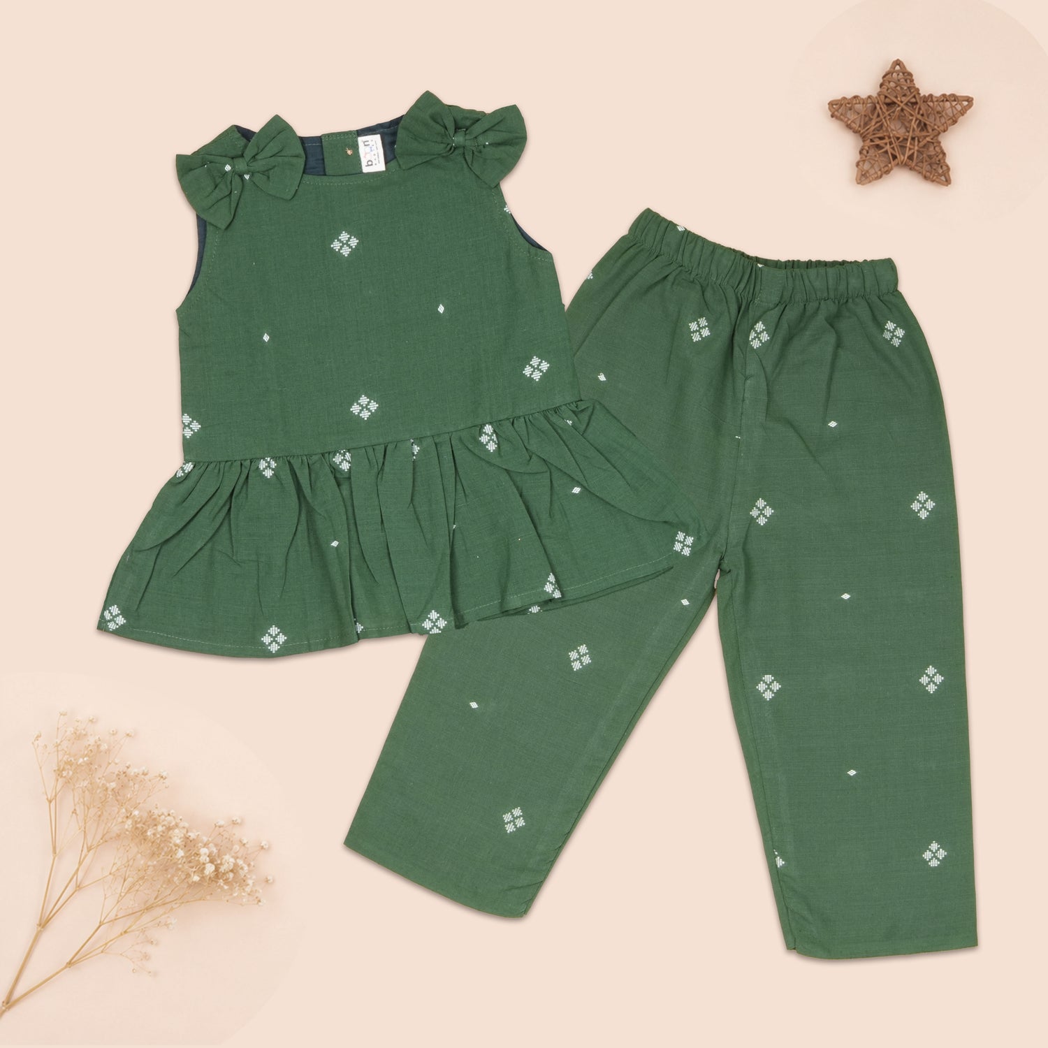 Forest Green Handloom Cotton Girls Peplum Top & Pant Set (6M–7 Years)