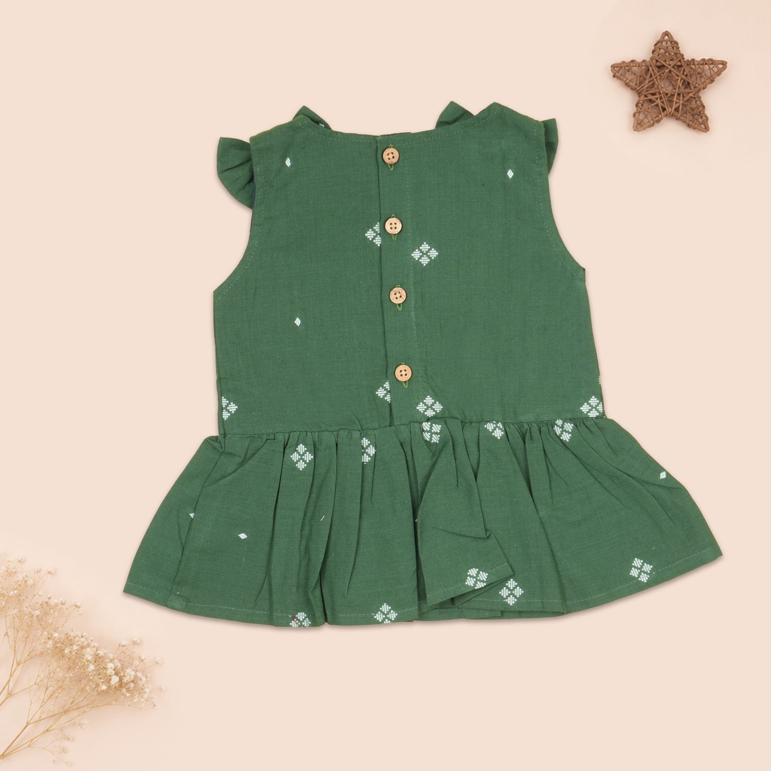 Forest Green Handloom Cotton Girls Peplum Top & Pant Set (6M–7 Years)