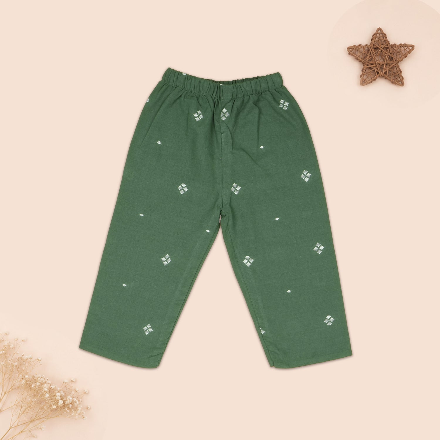 Forest Green Handloom Cotton Girls Peplum Top & Pant Set (6M–7 Years)