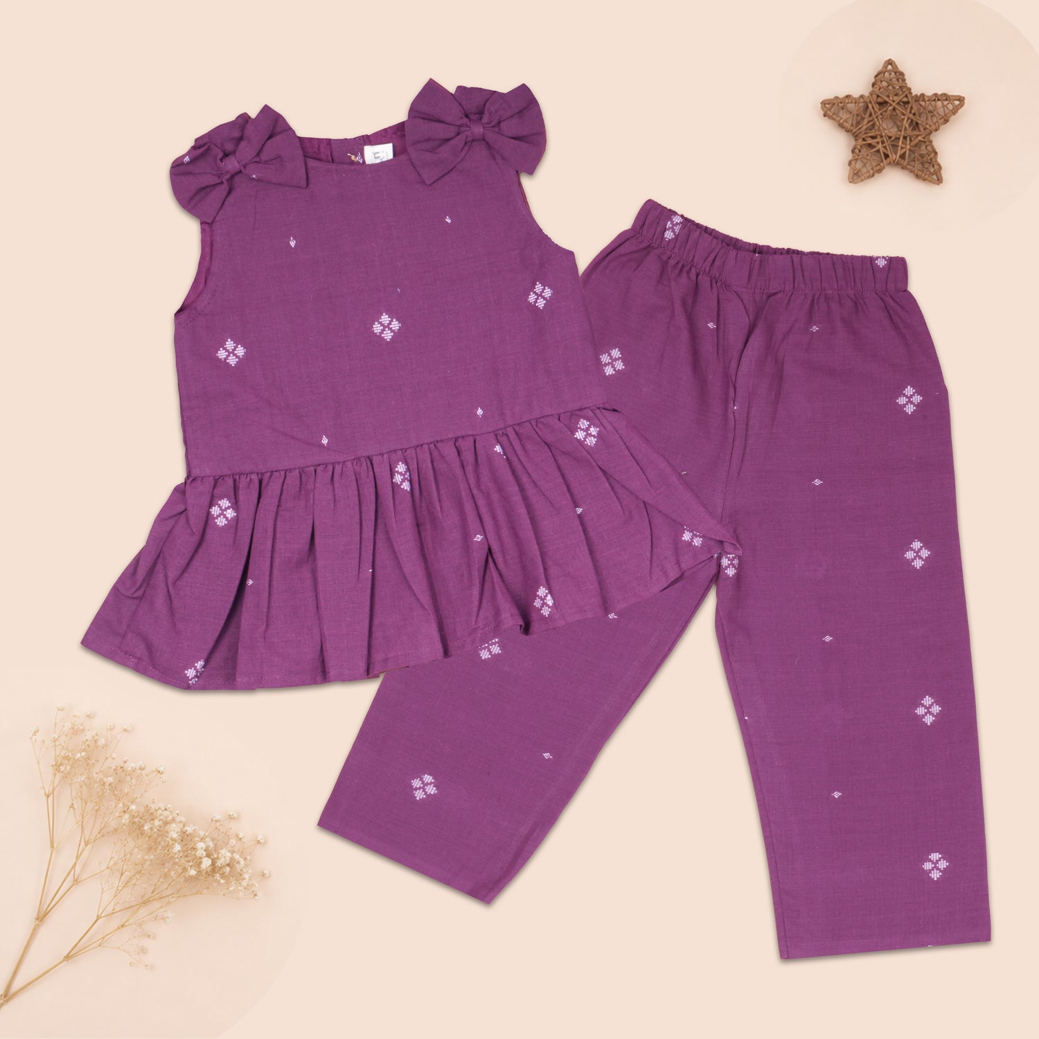 Purple Handloom Cotton Girls Peplum Top & Pant Set (1–8 Years)