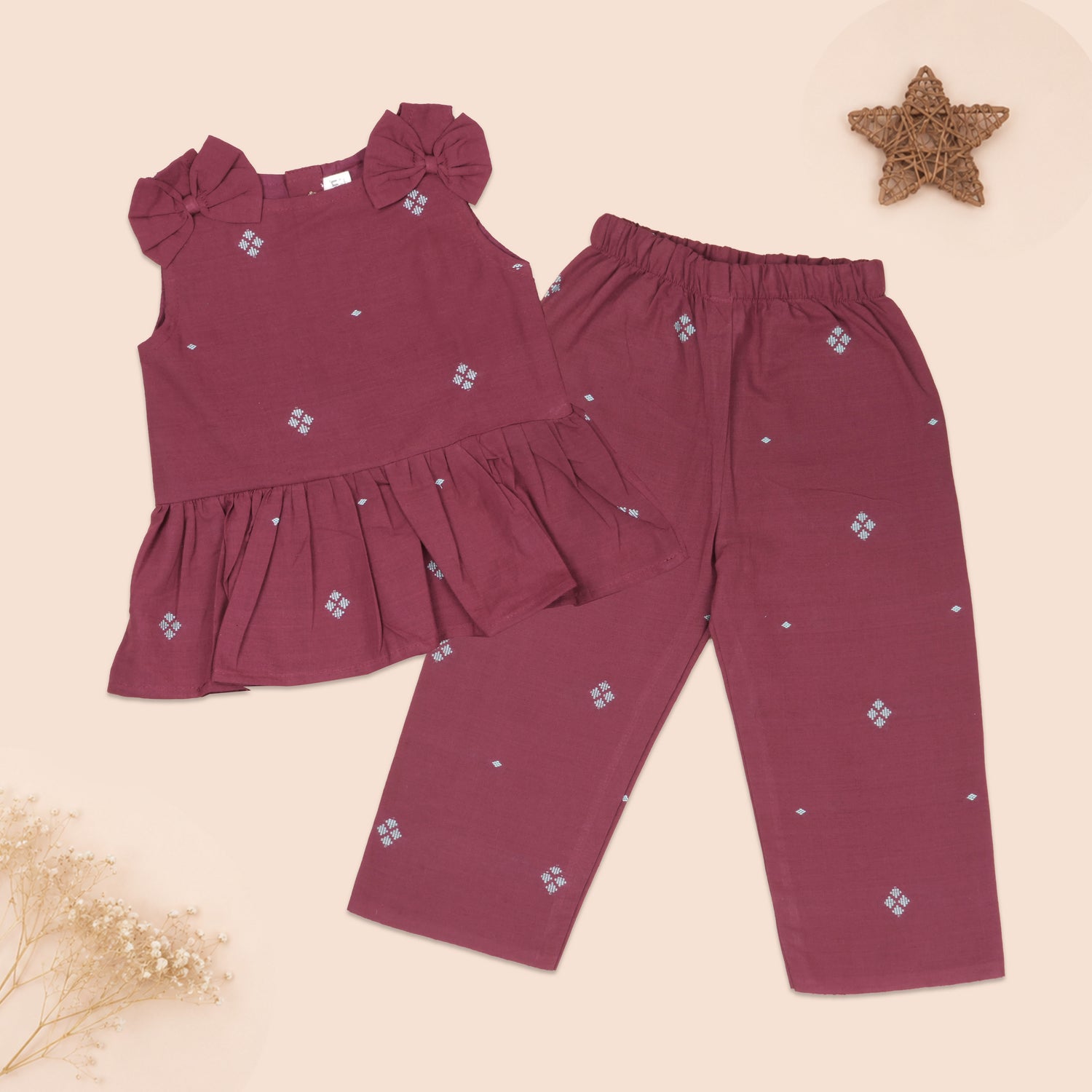 Maroon Handloom Cotton Girls Peplum Top & Pant Set (1–8 Years)