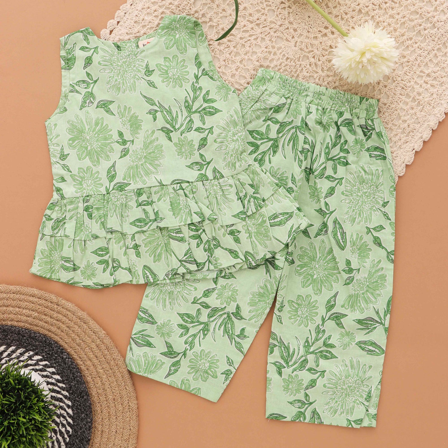 Boon Babies Floral Green Glam Layered Top Pant Set for Girls