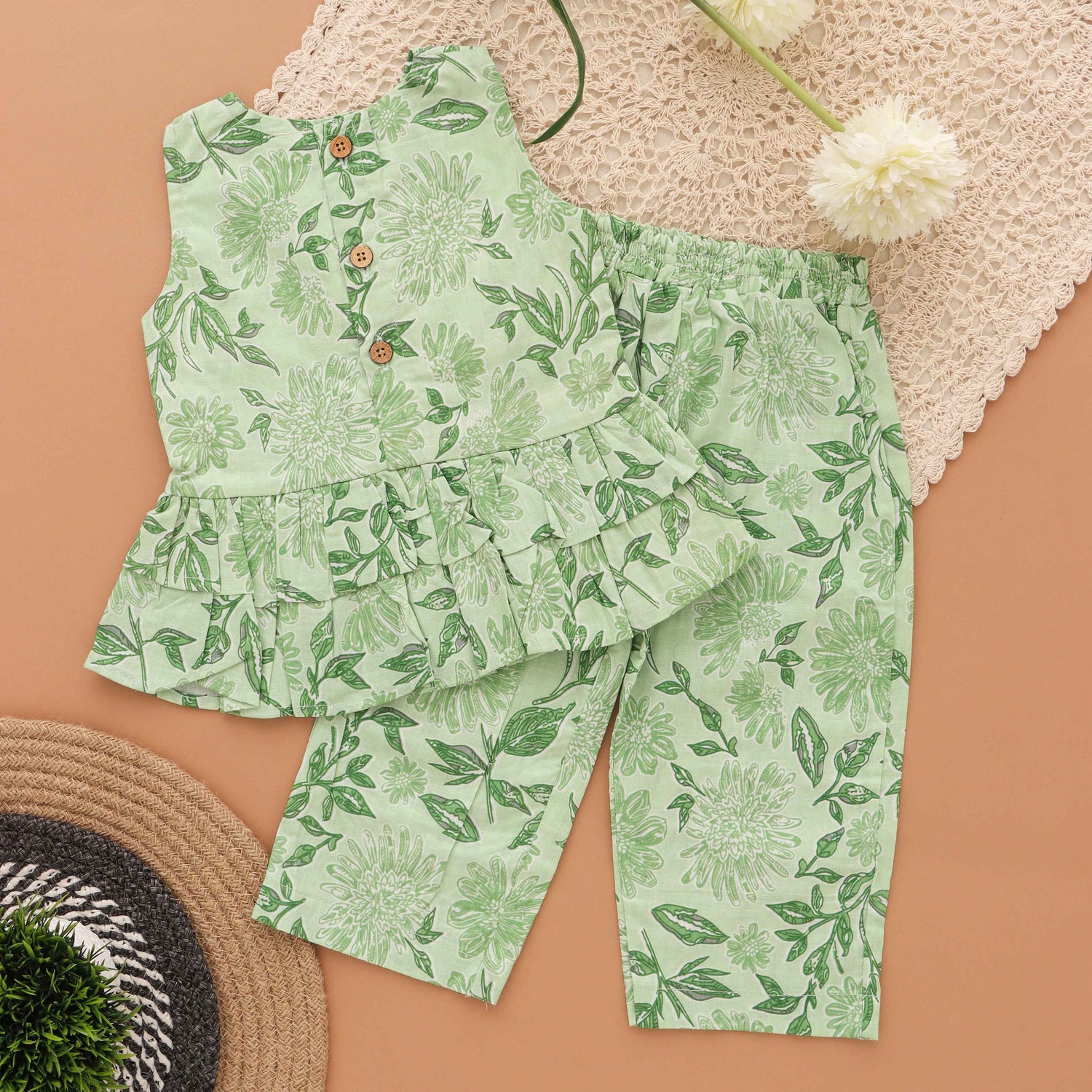 Floral Green Glam: Layered Top and Pant Set for Girls