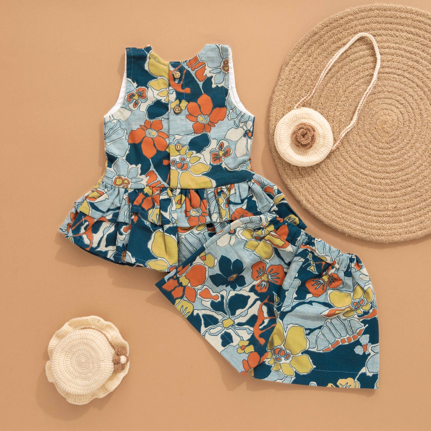 Floral Fusion: Navy Blue Top with Matching Shorts