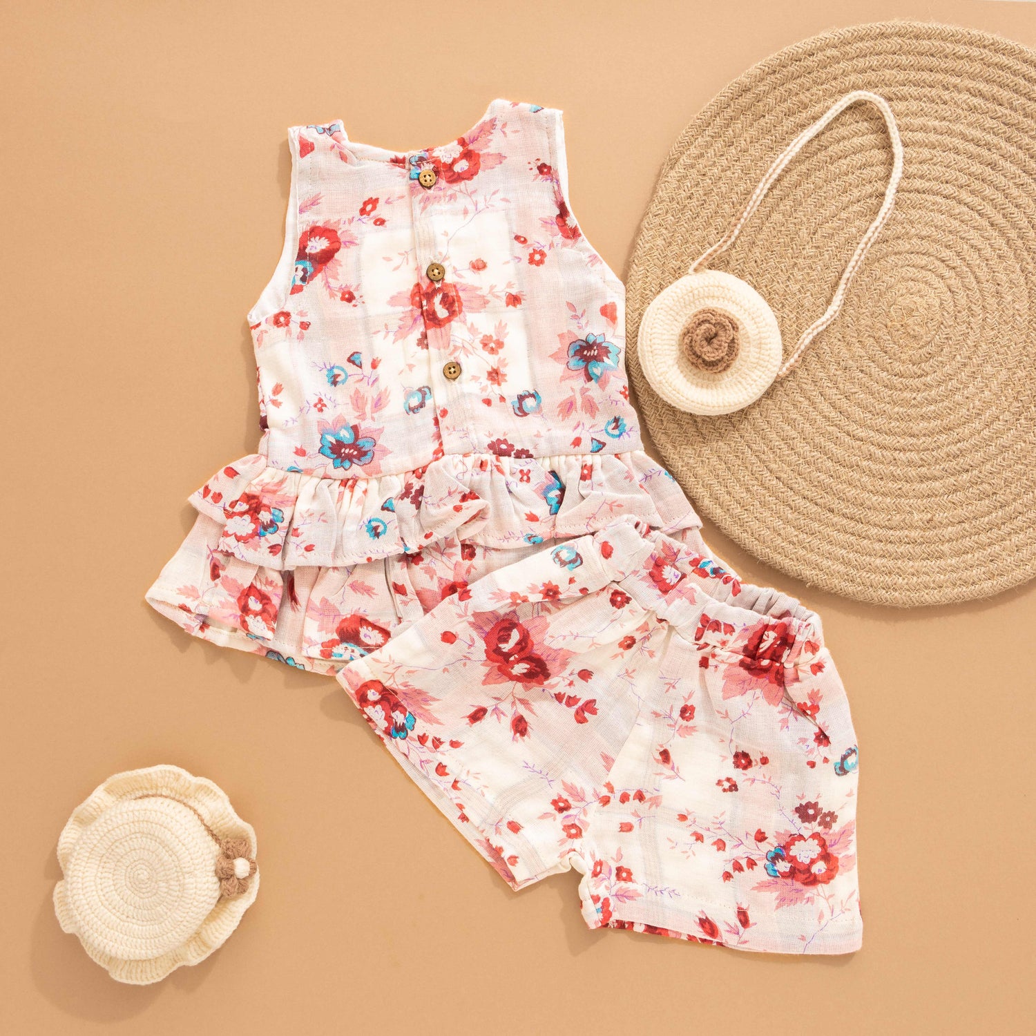 Floral Flounce: Cute Pink Layered Top With Shorts Set