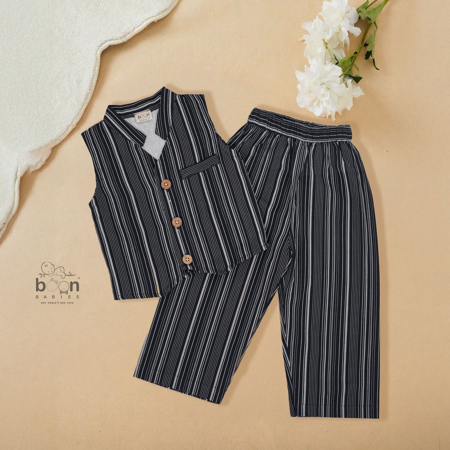 Girls Cotton Black & White Striped Coat Top & Pant Set – Trendy Everyday & Festive Wear