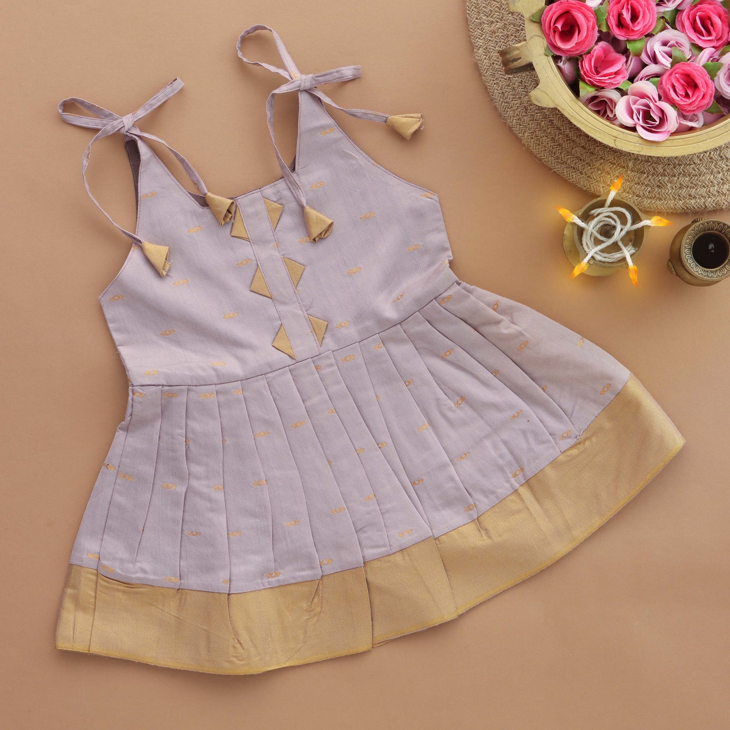 Lavender Chic: Pleated Girls Tieup Frock with Playful Tassels