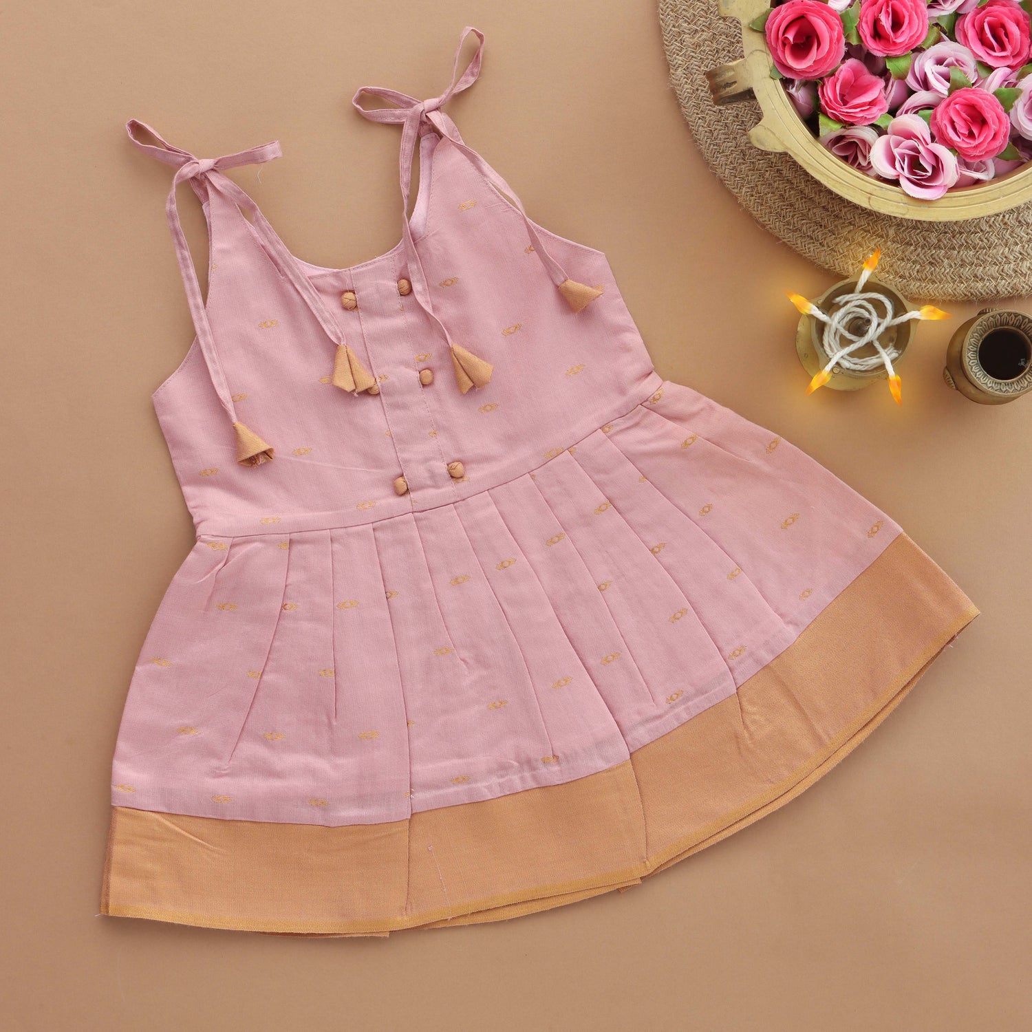 Rosy Glow: Elegant Pleated Silk Frock with Tassel Ties